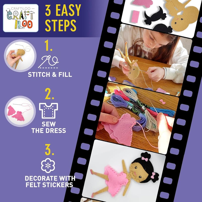 CRAFTILOO Ballerina Dancers Sewing Kit for Kids, Fun and Educational Craft Set for Boys and Girls Age 5-12, Sew Your Own Felt Ballerina Craft Kit for Beginners (Ballerina Kit) - Image 4